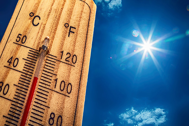 The summer sun blazes in a cloudless sky as a thermometer shows the temperatures climbing during yet another hotter-than-normal summer which makes even the yellow dog sweat